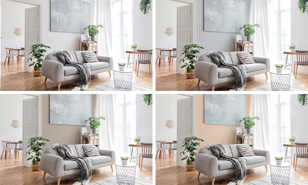 Štyri obrázky rovnakej obývačky so štyrmi rôznymi farbami. 