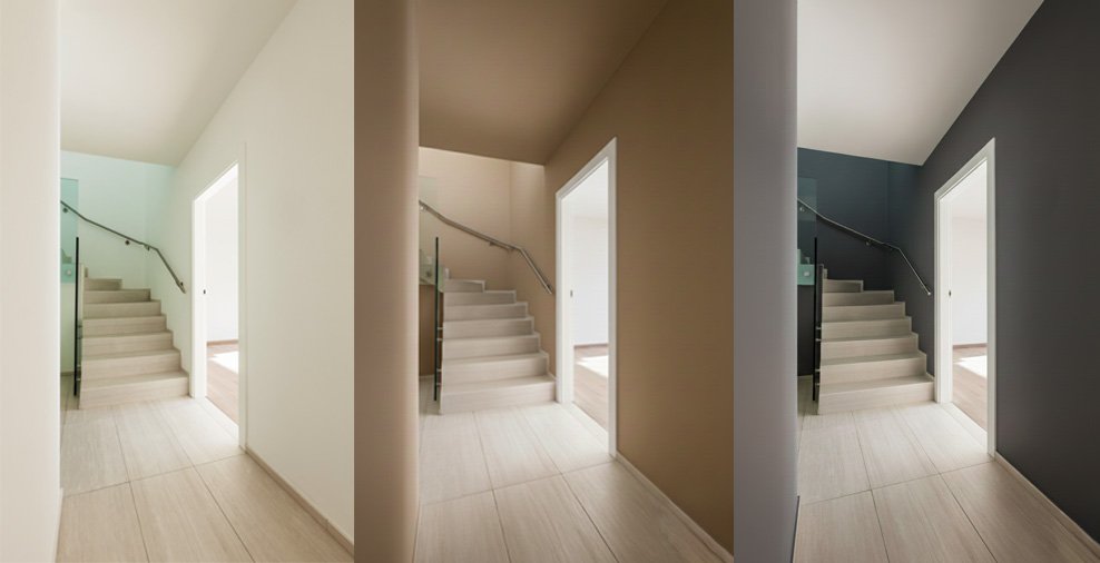 Tri obrázky rovnakej chodby s troma odlišnými farbami.