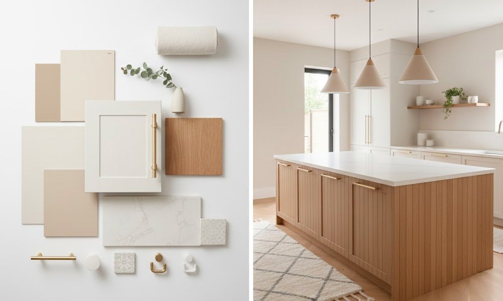 Kuchyňa s hnedým ostrovčekom a béžovou paletou farieb na nábytku i na stenách.