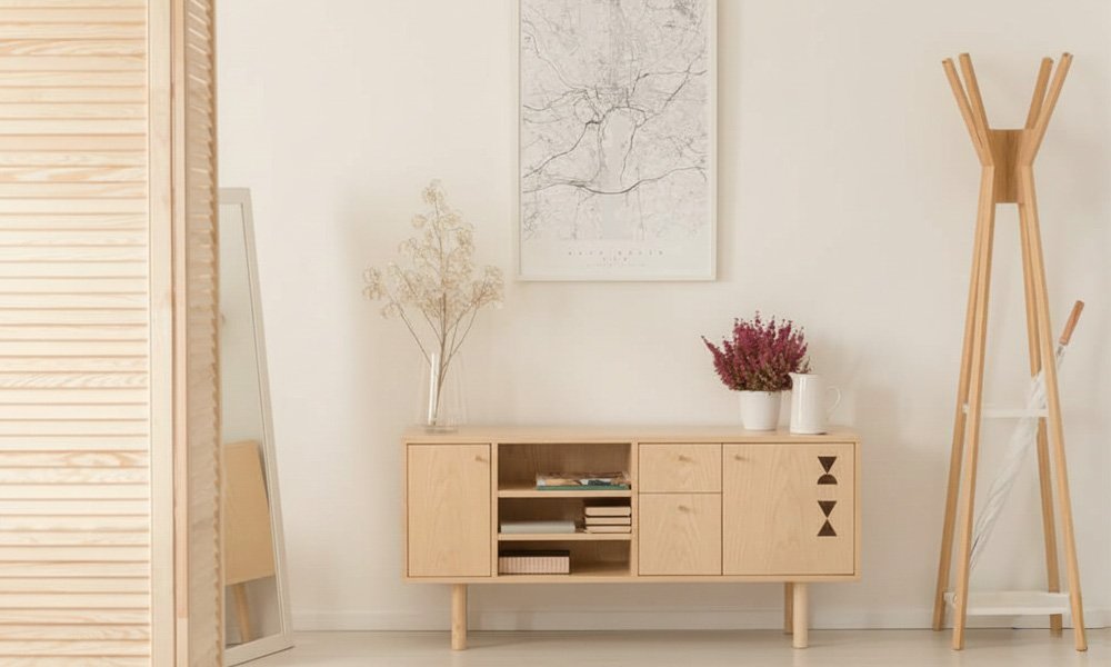 Chodba s bledým dreveným nábytkom s podobne ladeným odtieňom farby izby.