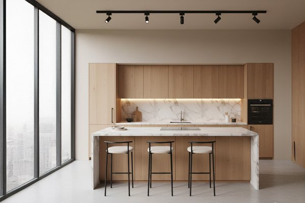  Svetlohnedá kuchyňa s podobne ladenou farbou stien.