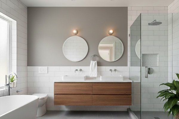 Obložená kúpeľňa s bielym obkladom, ktorý je doplnený o hnedú farbu.