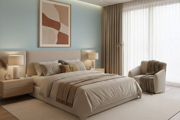 Spáľňa kombinujúca prírodné farby - svetlo modrú a hnedú.