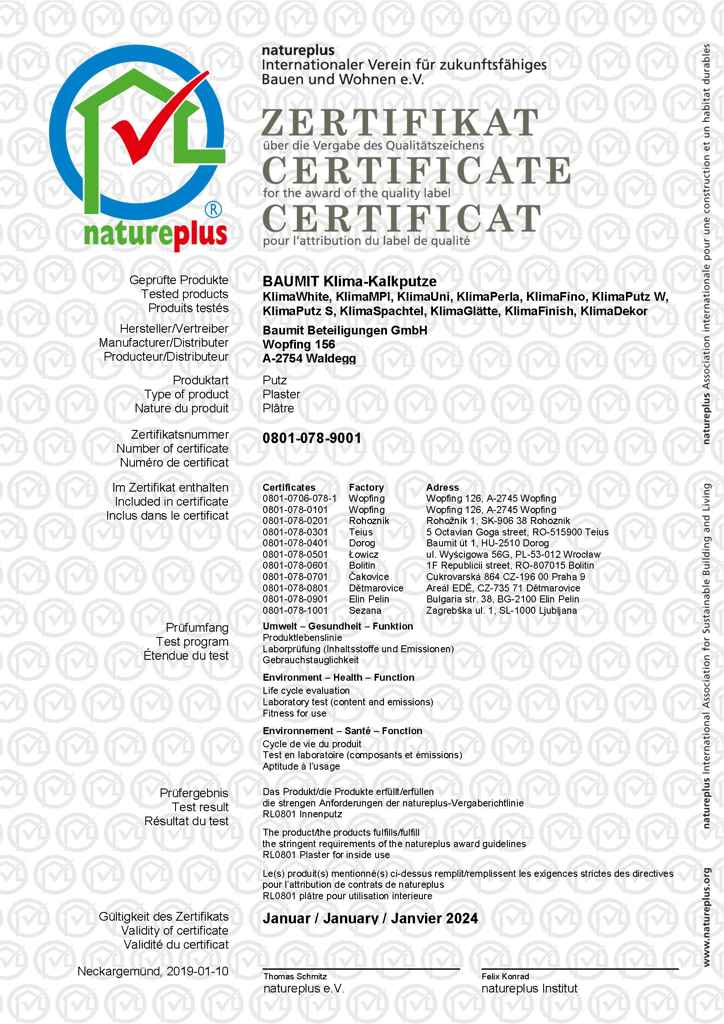 Certifikát Natureplus_Klima omietky