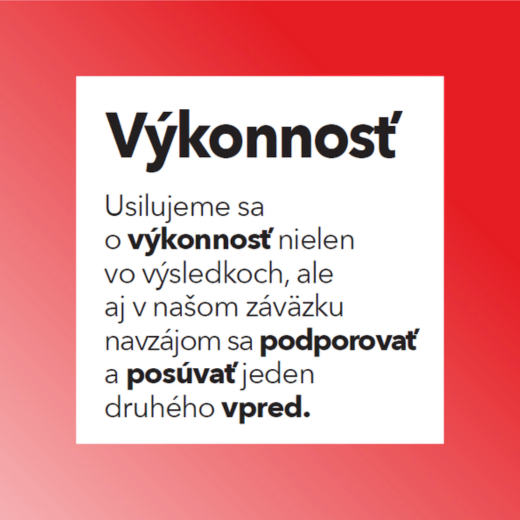 Výkonnosť. Usilujeme sa o výkonnosť nielen vo výsledkoch, ale aj v našom záväzku navzájom sa podporovať a posúvať jeden druhého vpred.